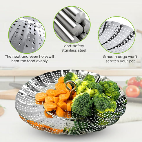 Vegetable Steamer Basket, Premium Stainless Steel - Folding Expandable Steamers Fits Various Size Pot (Extra Large 6.5"