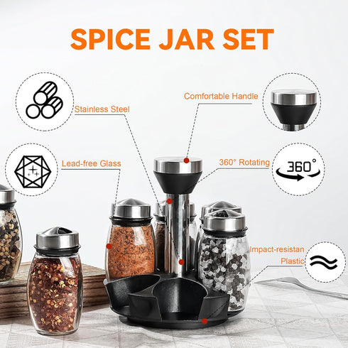 Mlici 6PC Spinning Glass Spice Jars - 360° Rotating Spice Rack Organizer with Jars, Stainless Steel Revolving Seasoning Holder Jars for Countertop Cabinet Kitchen Spices by Mlici