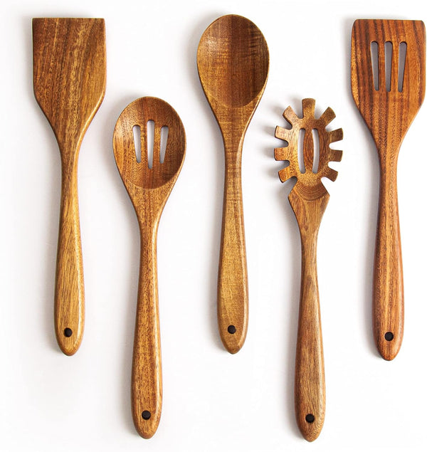 Acacia Wooden Spoons for Cooking: 5-Piece Kitchen Utensils Set - Essential Wooden Utensil Set