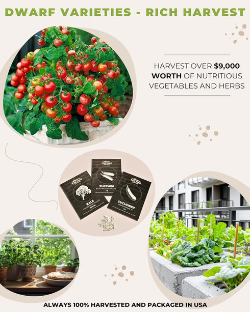 15 Tactiko Survival Vegetable Seed Kit Varieties for Small Urban Garden, Balconies & Patios - Non-GMO, Heirloom