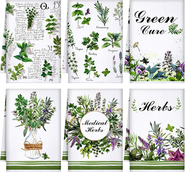 6 Pcs Herbs Kitchen Towels - Medical Herbs Dish Towels, Farmhouse Fresh Hand Towels, Gifts for Herb Lovers