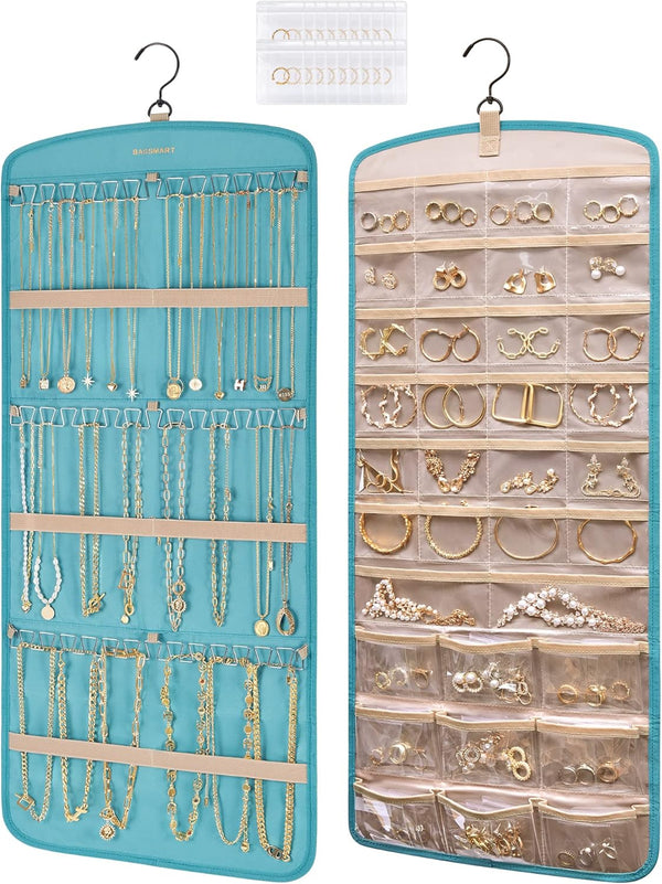 BAGSMART Hanging Jewelry Organizer, Large Teal Necklace Holder with 20 Jewelry Bags, Travel Storage Roll with Pockets
