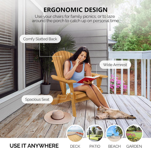350 LBs VINGLI Folding Adirondack Chairs Wood Lawn Chair Wooden Lounger Support Fire Pit Seating Natural Finished