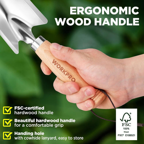 WORKPRO 11" Garden Hand Trowel, Heavy Duty Polished Stainless Steel Shovel with Wood Handle