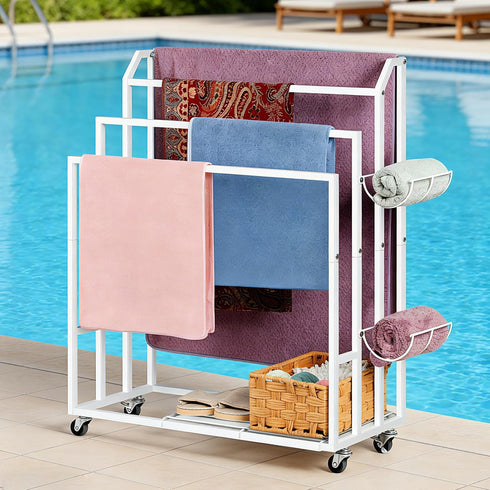 6 Freestanding Towel Rack for Bathroom Rolling Towel Storage Cart On Wheels Blanket Ladder with Shelf & Hooks, Outddoor