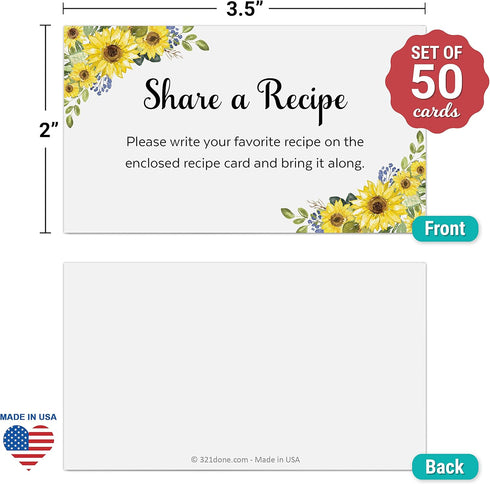 321Done Sunflower Request a Recipe Card (Set of 50) 3.5x2 White - Floral Recipe Share Insert Card for Bridal Shower Invitation, Keepsake, Heavy Cardstock, Matching Recipe Cards - Made in USA by 321Done