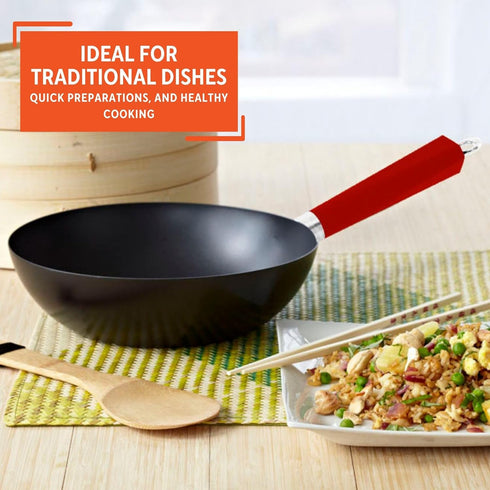 Imusa USA 12" Nonstick Carbon Steel Wok, Red PAN-10046 with Handle
