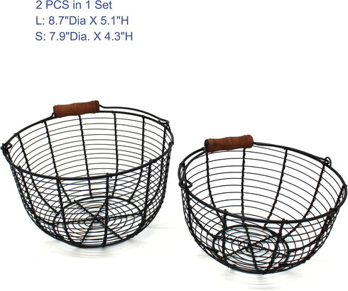 Country Set 2. CVHOMEDECO. Metal Wire Egg Baskets Wire Fruit Baskets with Wooden Handle Vintage Style Storage Baskets.