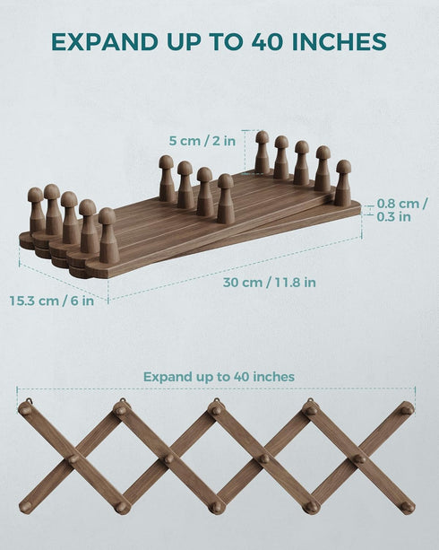 14 27"10", OROPY Wood Accordion Wall Hanger, Expandable Coat Rack Wall Mount with Pegs, Expanding Hat Rack for Wall, X