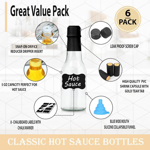 MEM WORLDSHOP (woozy) 8.5 oz (6 Pack) Clear Glass Hot Sauce Bottle with Black Cap and Orifice Reducer - - Empty Wine