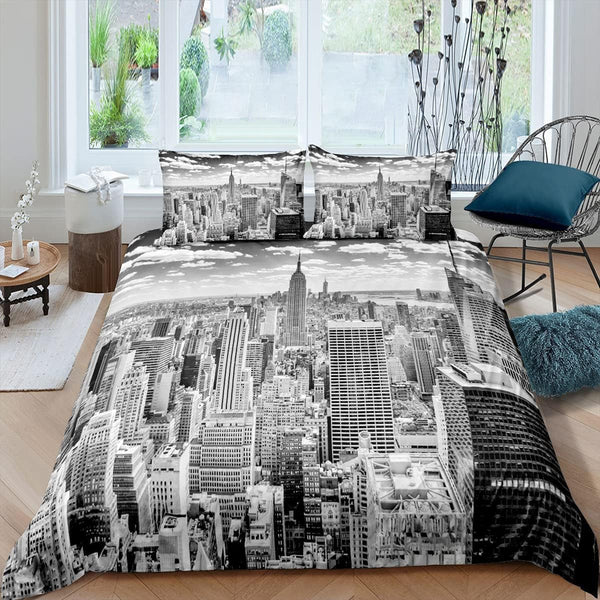 Erosebridal City Building Bedding Set King, New York Theme Comforter Cover, Urban Bedspread with 2 Pillow Cases