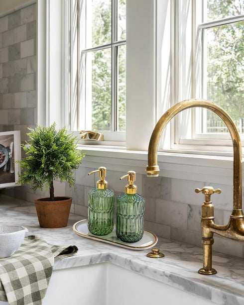 2Pack 18Oz JASAI Green Glass Soap Dispenser with Gold Rust Proof Pump, Refillable Dish Soap Dispenser for Kitchen