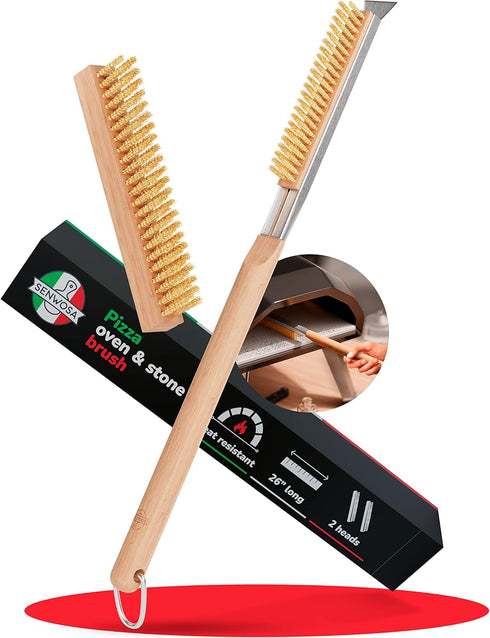 26 Pizza Oven Brush with Stone Scraper, Stainless Steel Bristles, Extra Long Handle, Compatible with Ooni Ovens