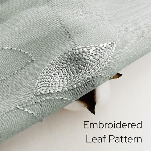 HOMEIDEAS Sage Green Sheer Curtains 52 x 54 Inch Length 2 Panels Embroidered Leaf Pattern Short Curtains for Bedroom Half/Small Window Rod Pocket Kitchen Curtains