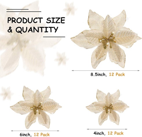 WILLBOND 36 Pcs Christmas Poinsettia Flowers, Glitter Faux Flowers Decoration for Christmas New Year Home Outdoor