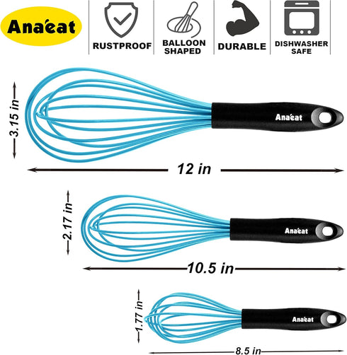 Anaeat Silicone Balloon Whisk, Heat Resistant Kitchen Whisks for Whisking, Cooking, Baking, Beating, Blue