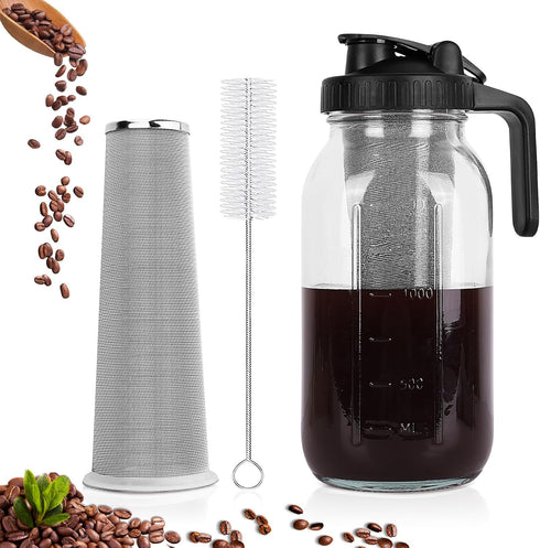 Cold Brew Coffee Maker, 64 oz Wide Mouth Mason Jar Pitcher with Stainless Steel Filter, Airtight & Leak-Proof