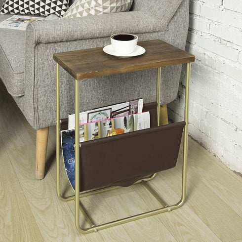 MyGift Living Room Side Table, Dark Brown Burnt Wood End Table and Brass Tone Metal Frame with Leatherette Magazine