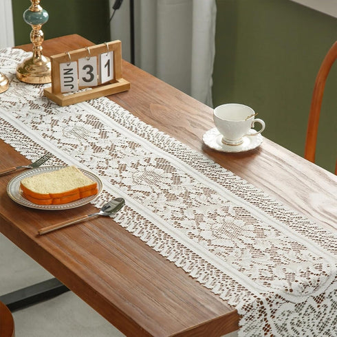 RHVQ 2Pcs Beige(13"x45") Lace Table Runners with Tassels, Farmhouse Boho Doily Vintage Floral Dollies for Tables