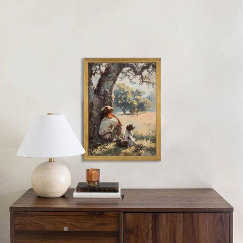 Yaneiro Countryside 12x16 inch Wood Framed Canvas Wall Art, Vintage Boy and Dog Painting Poster, Pastoral Landscape