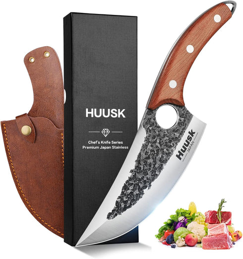 Huusk Chef Knives, Upgraded Viking Butcher Knife with Sheath, Sharp Japanese Meat Cleaver for Kitchen and Outdoor