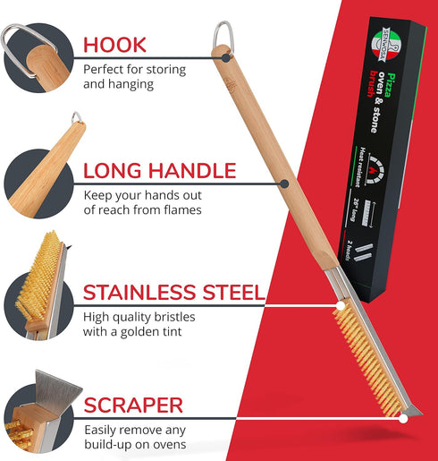 26 Pizza Oven Brush with Stone Scraper, Stainless Steel Bristles, Extra Long Handle, Compatible with Ooni Ovens