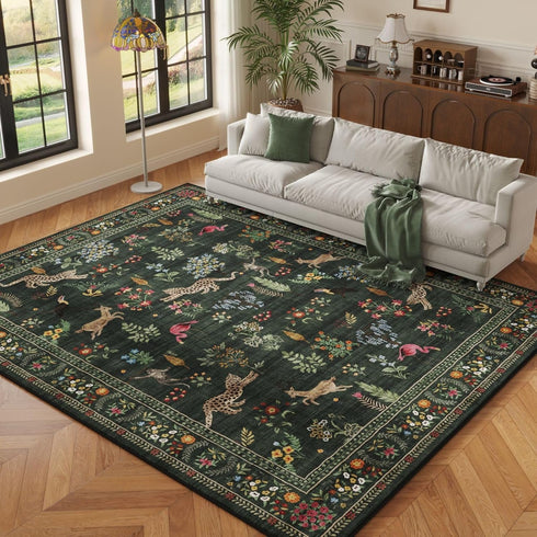 5x7 Rugcomf Living Room Rug Rug Machine Washable Boho Area Rug Non Slip Floral Animal Vintage Low Pile Large Rugs