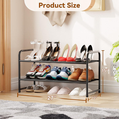 2 Closet 27 Inch Tier Shoe Rack, Metal Shoe Shelf Organizer for Entryway, Garage, Stackable, Black