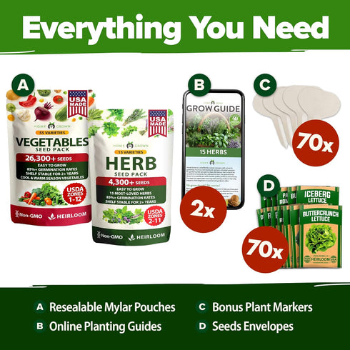 70 32,000+ Set HOME GROWN Variety Vegetable & Herb Seeds USA Non-GMO Heirloom Survival Seeds Garden Kit for Spring