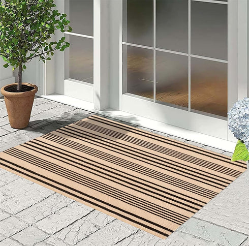 Front Outdoor Door Mat, 2'x3', Tan Black Striped, Machine Washable Cotton Layered Entryway Throw Rug