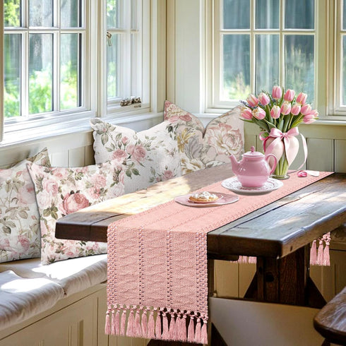 48 Inches yuboo Pink Table Runner Long, Boho Dusty Rose Table Runner for Shabby Decor Farmhouse Dresser Runners