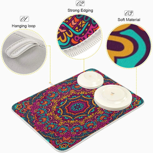 Boho Ethnic Dish Drying Mat - Bohemian Mandala Paisley Kitchen Countertop Mat, 16 x 18 Inch Absorbent