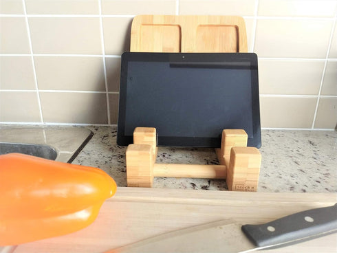 Bamboo Cutting Board Holder - Pot Lid Holder, Cook Book Stand, Stylish Low Profile, 10.38" Lx7 Wx2.5 H