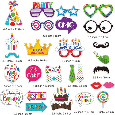29 Pieces Birthday Photo Booth Props Kit for Kids Birthday Theme Table Centerpiece Craft Cutouts with Glue Dots