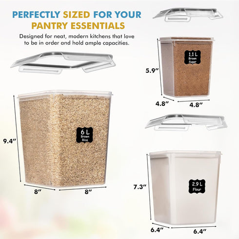 Set 3 (6L, 2.9L, 1.1L) Shazo Flour Sugar Storage Containers of Large Airtight Food Storage Containers with Lids