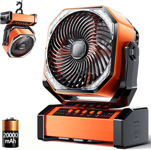 Camping LED Fan with Light, 20000mAh Rechargeable Battery, 4 Speed, Personal USB Desk Fan for Outdoor Use