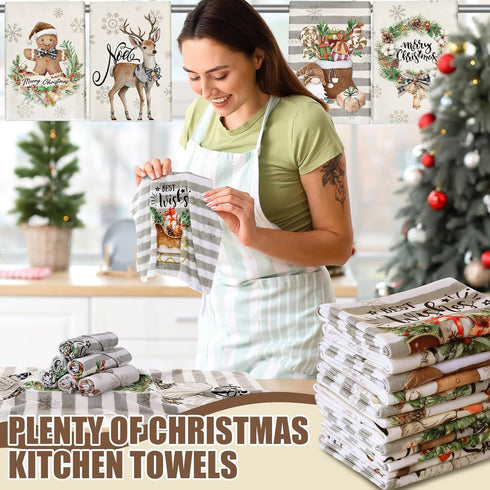 VitalCozy 12 14.2 21.3 Inch Pcs Christmas Kitchen Towels and Dishcloths Absorbent Stripe Christmas Tree Reindeer Santa