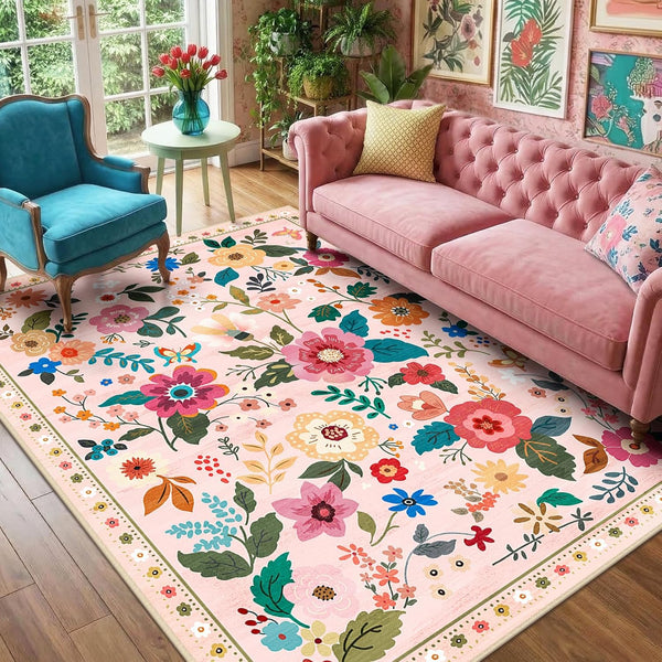 RELEANY Floral 5x7 Area Rug Machine Washable Soft Print Boho Carpet Non