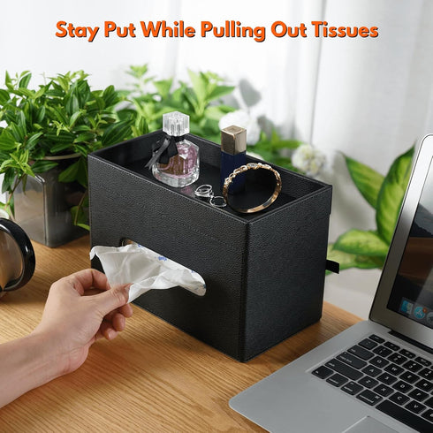 Rectangular Leather Tissue Box Cover with Storage Tray, Black Facial Tissue Holder for Bathroom, Office, Night Stand