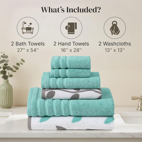 6-Piece 100% Set 2 2 2 Modern Threads Natural Vine Cotton Towel Yarn Dyed Jacquard Includes Bath Towels, Hand Towels