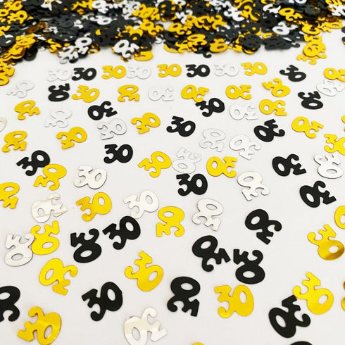 30 Confetti Birthday Party Supplies, 30th Anniversary Glitter Metallic Foil Table Scatter (Golden Black Silver)