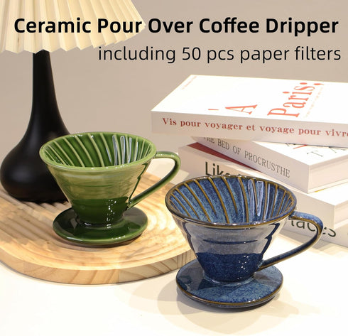 Ceramic Coffee Dripper with 50 Filters, Portable 01 Hand Drew Pour Over Coffee Maker for 1-2 People