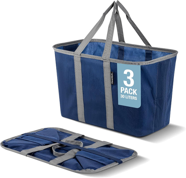CleverMade EcoBasket 30L Collapsible Tote Basket 3 Pack Reusable Grocery Tote That Stands