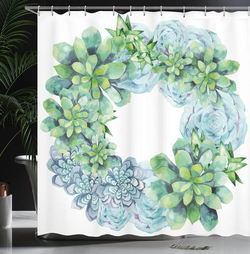 Ambesonne Succulent Shower Curtain, Watercolor Succulent Wreath Circular Design, Bridal Wedding Theme, Cloth Fabric