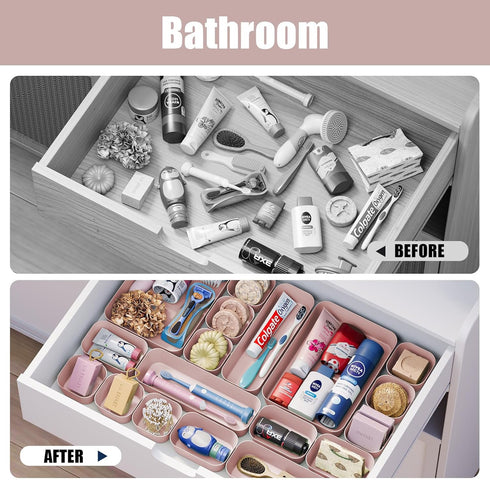 Plastic Drawer Organizers, 18 PCS Bathroom Drawer Organizer Bins, Makeup and Storage for Bedroom, Pink