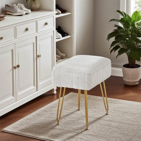 FUXA 4 Vanity Stool Chair with Storage, White Faux Fur Makeup Chair with Metal Legs and Anti-Slip Feet, Soft Padded