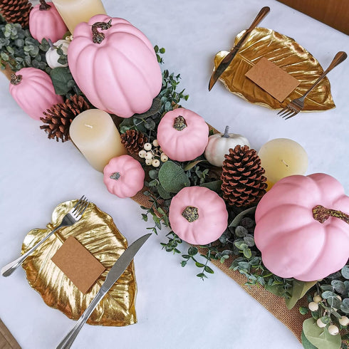 Winlyn 7 Pcs Assorted Sizes Fall Artificial Pink Pumpkins for Halloween, Thanksgiving, Harvest Holiday Season Tabletop