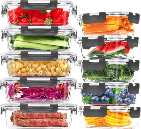 Skroam Glass Food Storage Containers 10 Pack - Airtight, BPA Free, Leak Proof Meal Prep Set for Lunch & Pantry