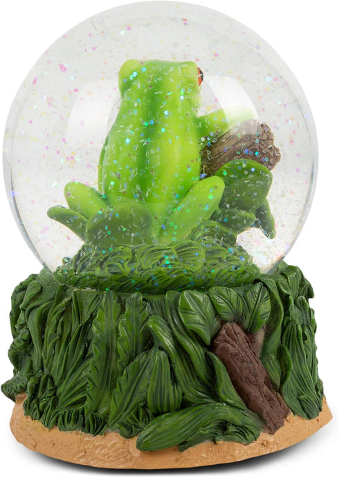 Elanze Designs Playful Green Tree Frog Tabletop Figurine, 100MM Glitter Water Wind Up Musical Snow Globe