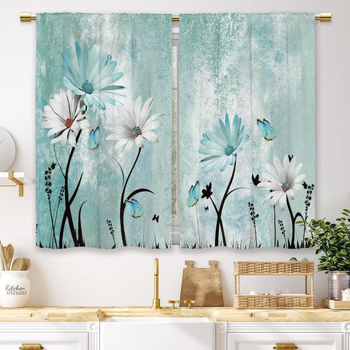 Farmhouse Flower Kitchen Curtains, Teal Rustic Daisy Floral Short Cafe Window Drapes, Vintage Turquoise Rod Pocket